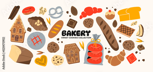 Bakery stickers pastries, bread, croissants, baguette, cookies. Vector labels, patches, sweet pastries, candies, products.