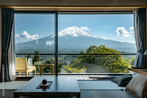 View of mount Fuji In Japan from a Japanese hotel window photo