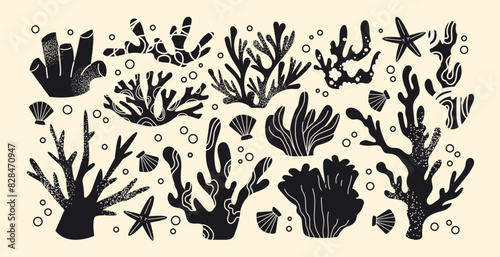 Silhouettes corals and seaweed, underwater ocean flora. Cartoon marine plants of the seabed. Vintage botanical elements in retro groovy style