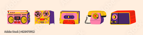 Cartoon retro music gadgets in 90s style. Old electronics, phones, record player, cassette, vinyl, devices. Set of stickers in doodle groovy old computer style	