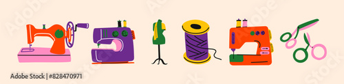 Set of tools for sewing and embroidery. Cartoon tailor's supplies, sewing equipment for handicrafts and textiles. Threads, sewing machines, scissors, pins. Doodle handicraft workshop stickers