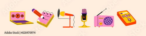 Cartoon stickers podcast. Microphone, headphones, radio, laptop. Online podcast recording shows, sound studio elements and online radio broadcasting.	