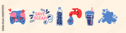 Cartoon eco stickers save the ocean in retro groovy style. Water, environmental stickers, bio, environmental protection. World Water Day Label