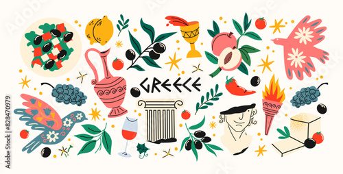 Cartoon Greece stickers. Greek traditional elements, food, leaf, olives, wine, columns, statues, vases. Antique items in a modern hand-drawn comic style. Vector set of shapes