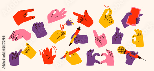 Set of hands with different gestures and objects in different poses. A hand holds a microphone, a telephone, points with a finger, gestures, writes. Bright cartoon stickers in retro 90s groovy style © Limpreom