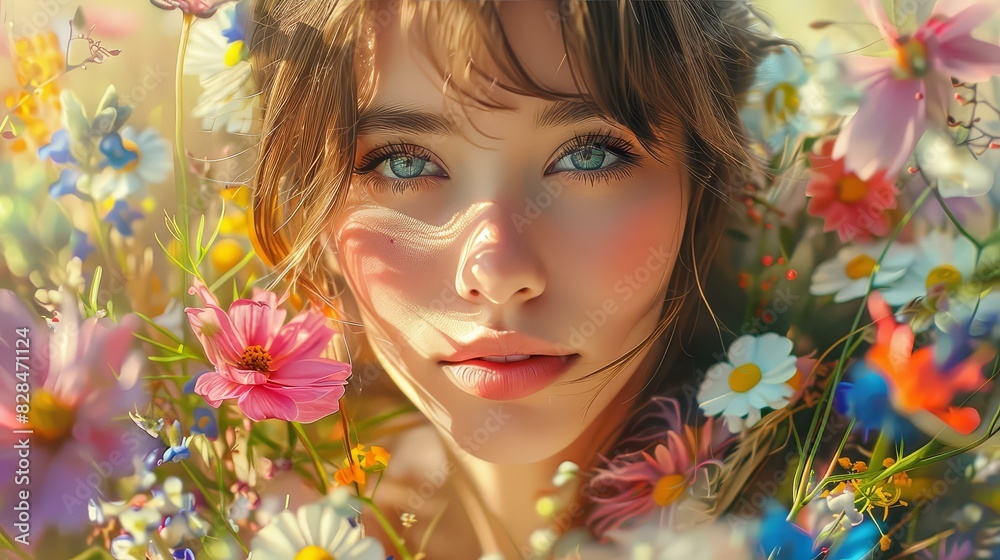 Highresolution artwork of a fashionable woman with wildflowers, exuding a natural and carefree vibe with vibrant colors.