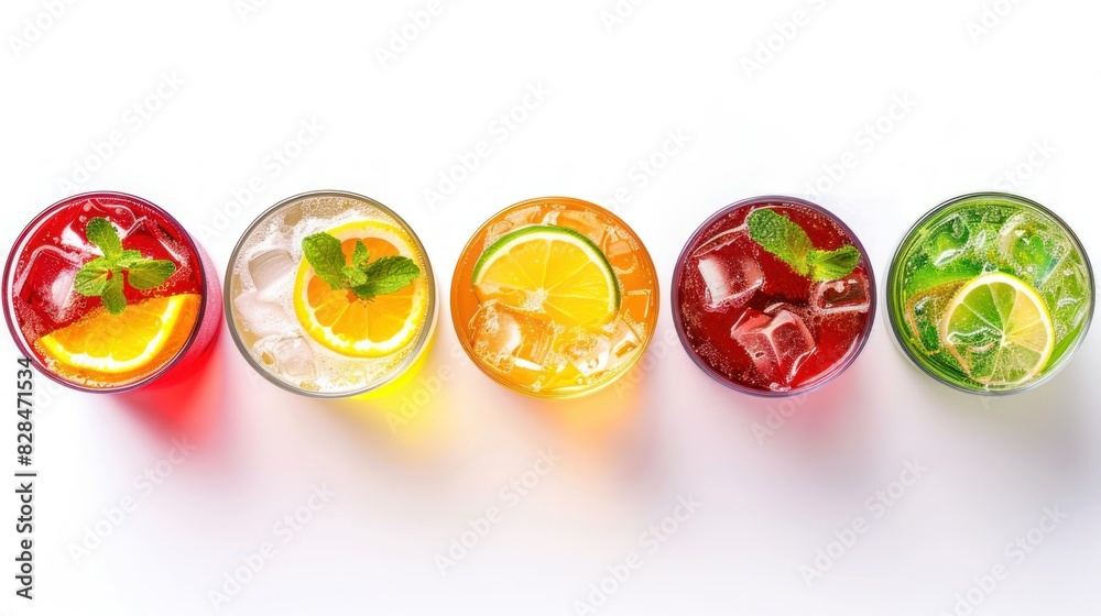 White background, soft drinks isolated on white. Top view.