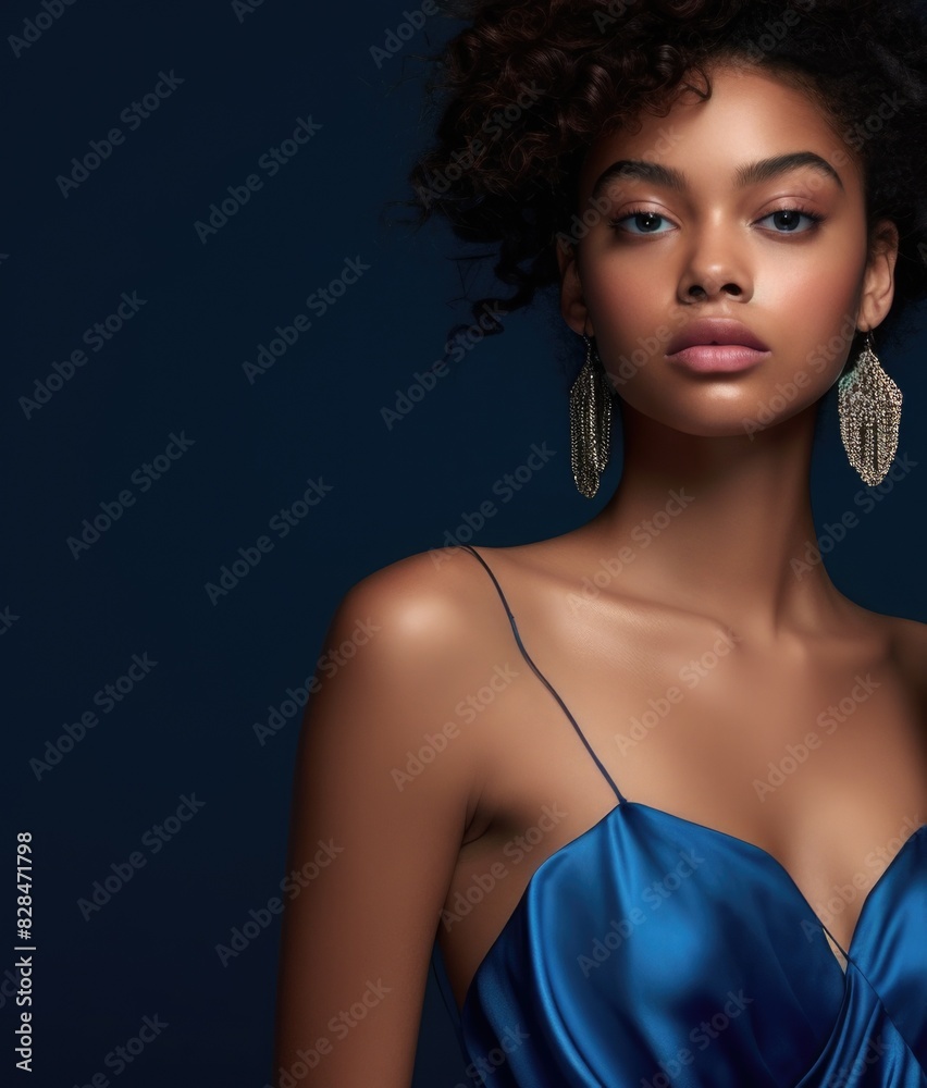 Woman in blue dress with large earrings Woman in blue dress with large earrings