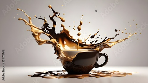 Espresso scent design of a cup of black coffee splashed in 3D, showing a hot drink dripping over an isolated background of brown and white abstract liquid fluid cafes food beverage splashing motion.