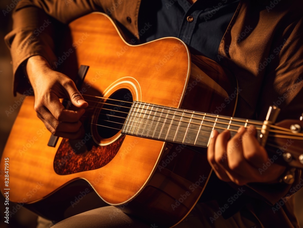 Talented Musician Strumming an Acoustic Guitar with Passion and Skill