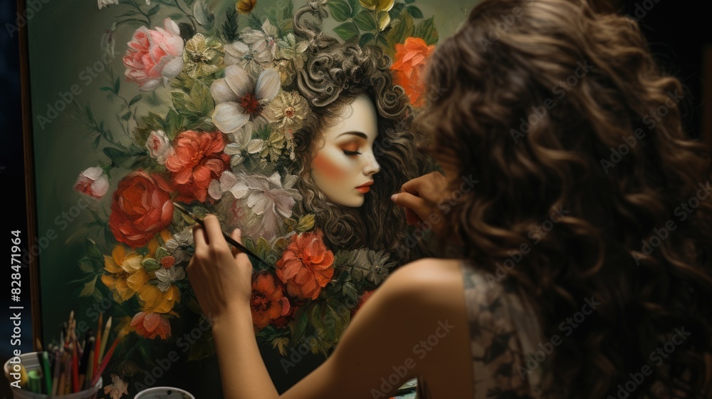 Creative Process Unveiled: Close-up of an Artist Passionately Painting on Canvas Creative Process Unveiled: Close-up of an Artist Passionately Painting on Canvas