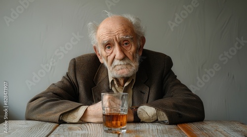 Older man leaning against table with glass of whiskey