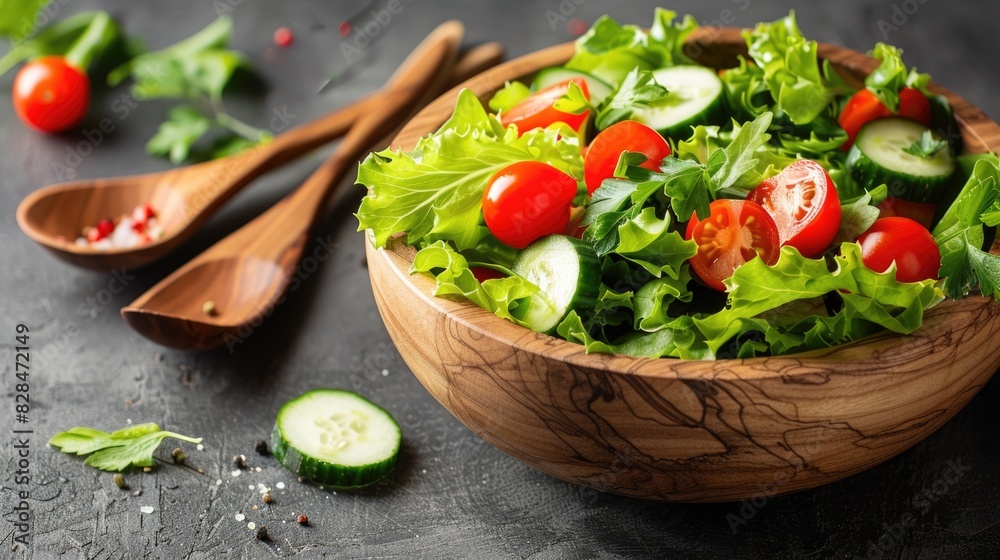 Wooden bowl filled with cucumbers and tomatoes Wooden bowl filled with cucumbers and tomatoes