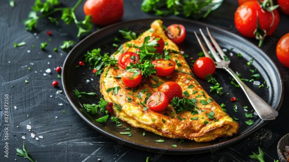 Plate of omelet with tomatoes and herbs