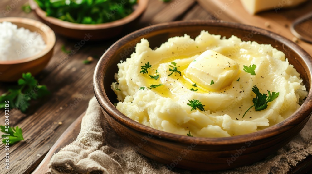 Bowl of mashed potatoes with butter and butter pat Bowl of mashed potatoes with butter and butter pat