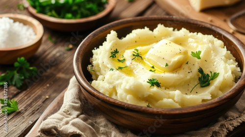 Bowl of mashed potatoes with butter and butter pat