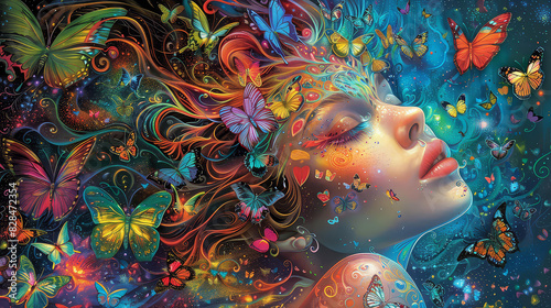 Captivating artwork of a woman embraced by vibrant butterflies, intricate wing patterns, and highquality details.
