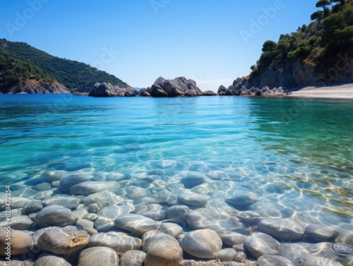 Serene Paradise: Tranquil Beach with Crystal-Clear Turquoise Water