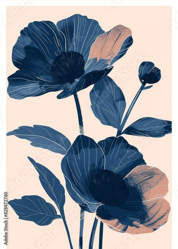 A blue and pink flower painting with a pink stem