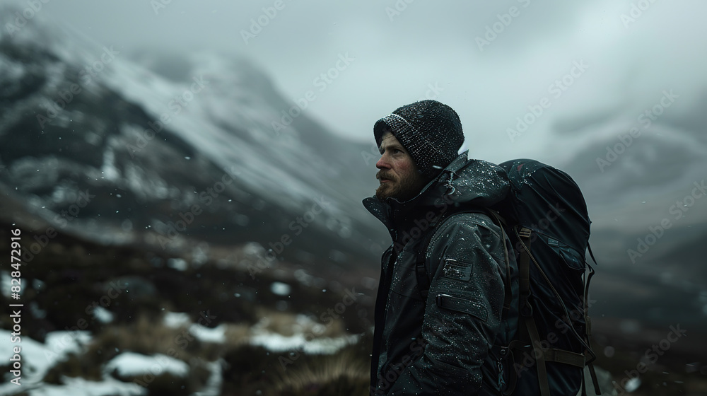 A rugged man in climbing gear stood on a snowy mountain A rugged man in climbing gear stood on a snowy mountain