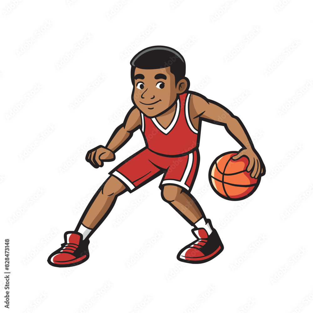 Young cartoon basketball player in a red jersey with a ball.vector illustration on a white background Young cartoon basketball player in a red jersey with a ball.vector illustration on a white background