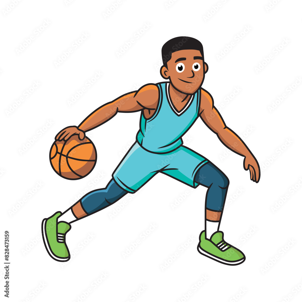 Young cartoon basketball player in a blue jersey with a ball.vector illustration on a white background Young cartoon basketball player in a blue jersey with a ball.vector illustration on a white background