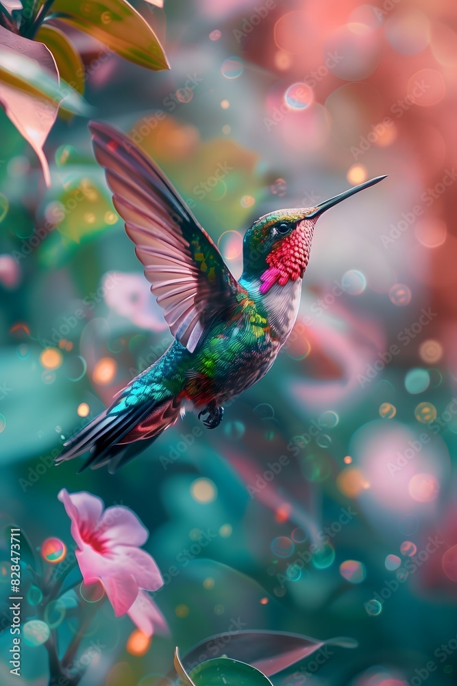 Obraz premium Enchanting Hummingbird Hovering Among Blossoms