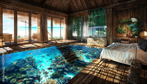 Wallpaper Mural Luxury overwater bungalow with glass-bottom floors, unobstructed vistas of the vibrant marine life below Torontodigital.ca