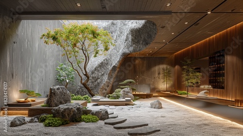The image shows a beautiful Zen garden with a tree, rocks, and a waterfall. The garden is designed to promote peace and tranquility. photo