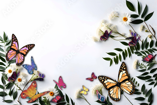 Sfondo bianco con spazio per testo. Primavera, estate, foglie verdi con fiori, margherite e farfalle  che circondano uno spazio vuoto per l'inserimento del testo.