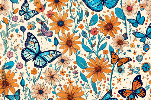Primavera, estate. Fiori, margherite e farfalle da utilizzare come sfondo e texture.