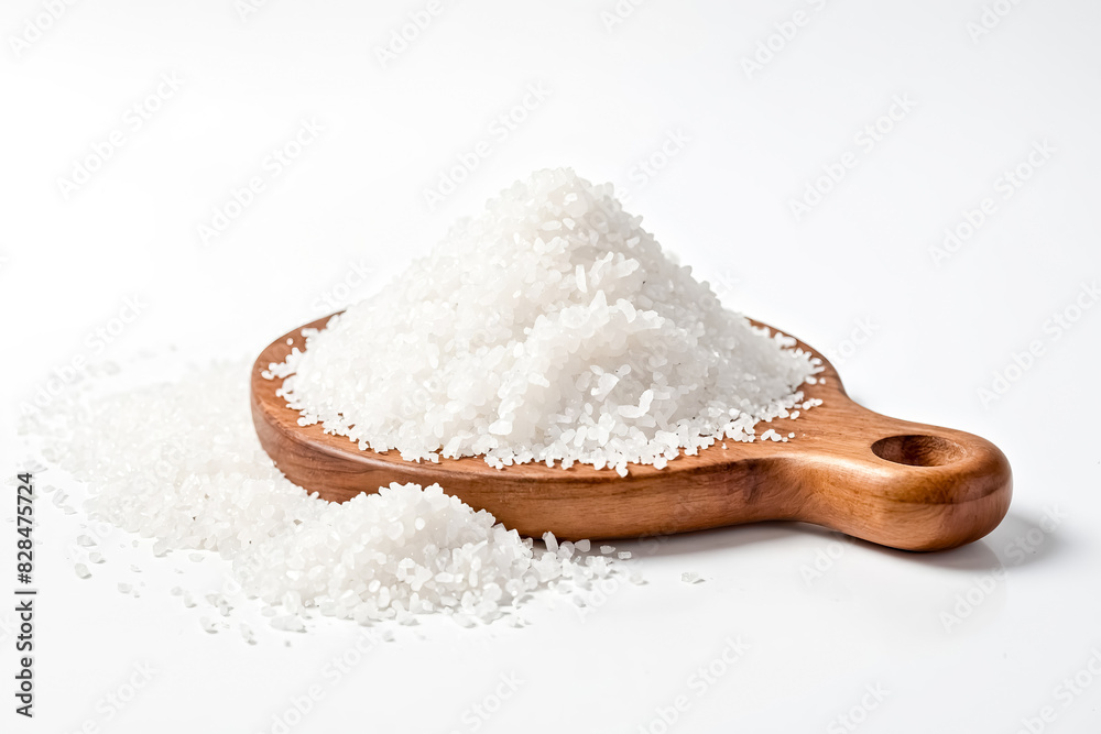 Close Up of White Salt Crystals on Wooden Cutting Board Close Up of White Salt Crystals on Wooden Cutting Board
