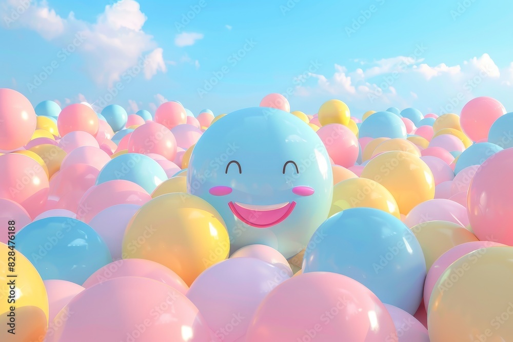 A bunch of colorful balloons with a smiling face in the middle A bunch of colorful balloons with a smiling face in the middle