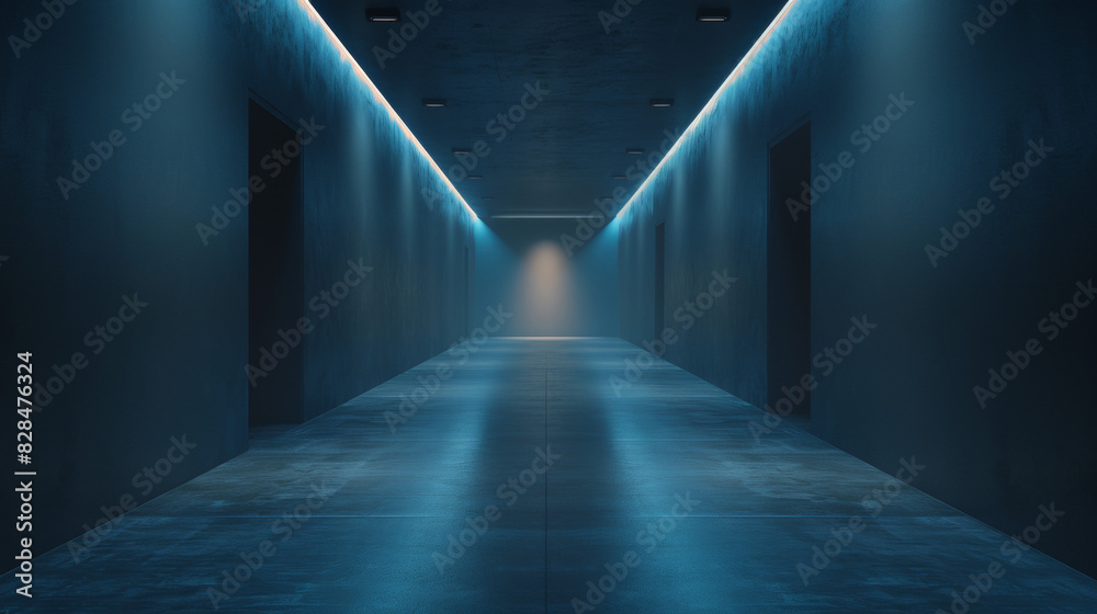 A long, narrow hallway with blue walls and a blue light A long, narrow hallway with blue walls and a blue light