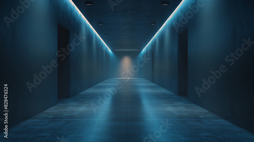 A long, narrow hallway with blue walls and a blue light