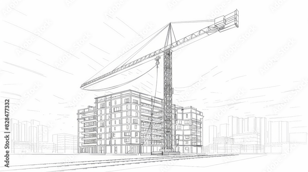 Construction Blueprint with Tower Crane Lifting Materials at Building Site Construction Blueprint with Tower Crane Lifting Materials at Building Site