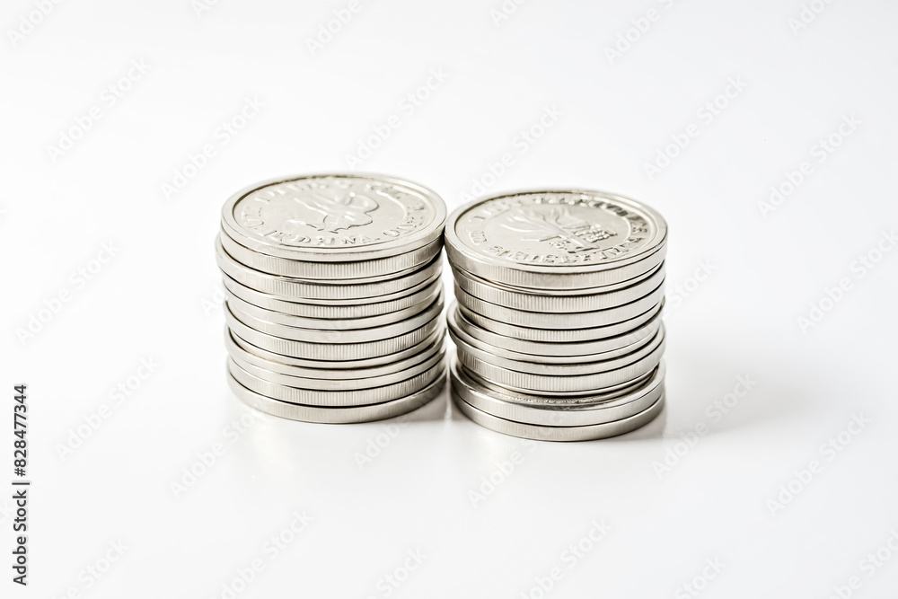 Stacked Silver Coins on White Background Stacked Silver Coins on White Background