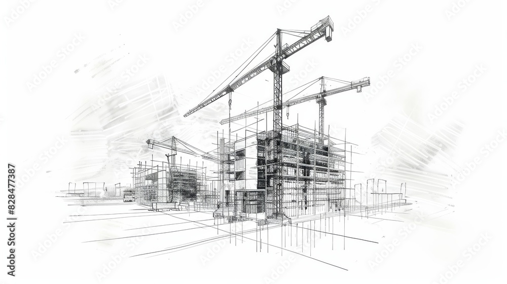 Modern Urban Construction Concept with Cranes. Architectural Sketch of Building Site