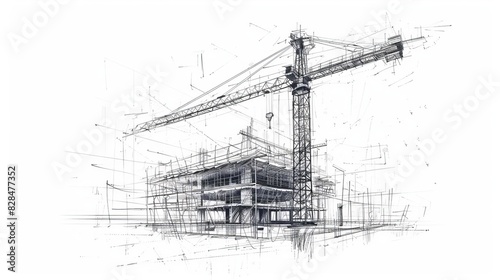 Architectural Sketch of Construction Site with Tower Crane and Building Framework