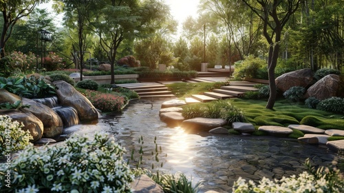 Landscaping in a Tranquil Courtyard with Pond and Rockery