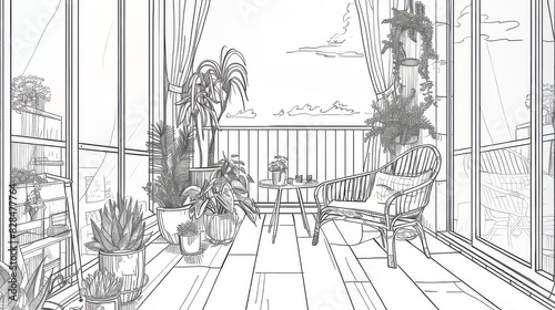 Cozy Sunlit Indoor Balcony Garden with Potted Plants and Comfortable Seating