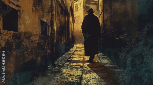 A man is walking down a dark alleyway. The alleyway is narrow and has a lot of shadows. The man is wearing a hat and a coat. Scene is mysterious and eerie