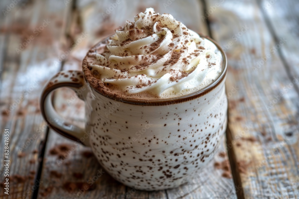 Rustic Hot Chocolate Mug with Whipped Cream and Cocoa Powder Topping on Wooden Table - Cozy Design for Print, Card, or Poster Rustic Hot Chocolate Mug with Whipped Cream and Cocoa Powder Topping on Wooden Table - Cozy Design for Print, Card, or Poster