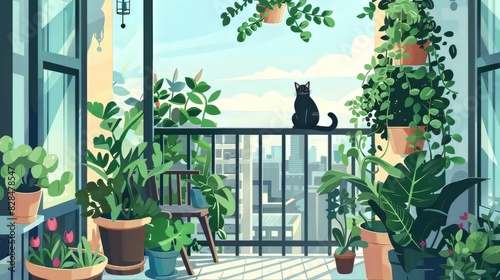 Urban Balcony Garden with Cat Surrounded by Lush Greenery and Potted Plants