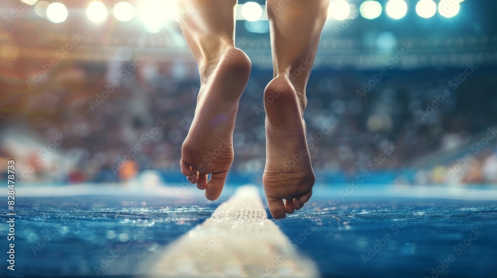 Olympic Gymnast's Feet Landing on Mat Emphasizing Precision and Control Under Stadium Lights