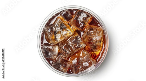 Flat lay, top view. Isolated on a white background, a plastic cup filled with cola and ice. utilizing a clipping path.