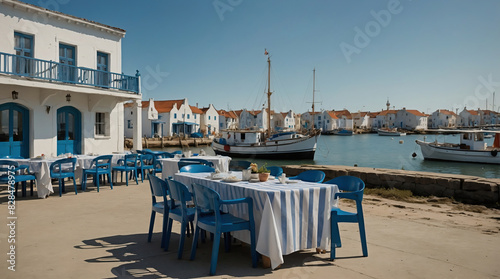 Waterfront Dining with Blue and White Decor Overlooking Boats and Charming Greek Village