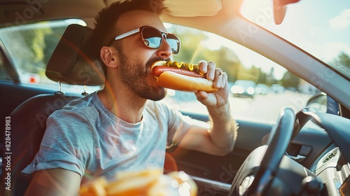 Man is operating a car while eating a hot dog and a cold beverage in a risky manner.