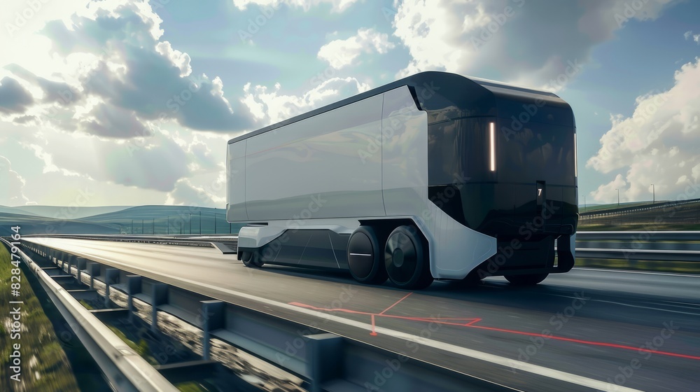 A concept of a self-driving delivery truck on a highway, logistics, dynamic and dramatic compositions, with copy space A concept of a self-driving delivery truck on a highway, logistics, dynamic and dramatic compositions, with copy space