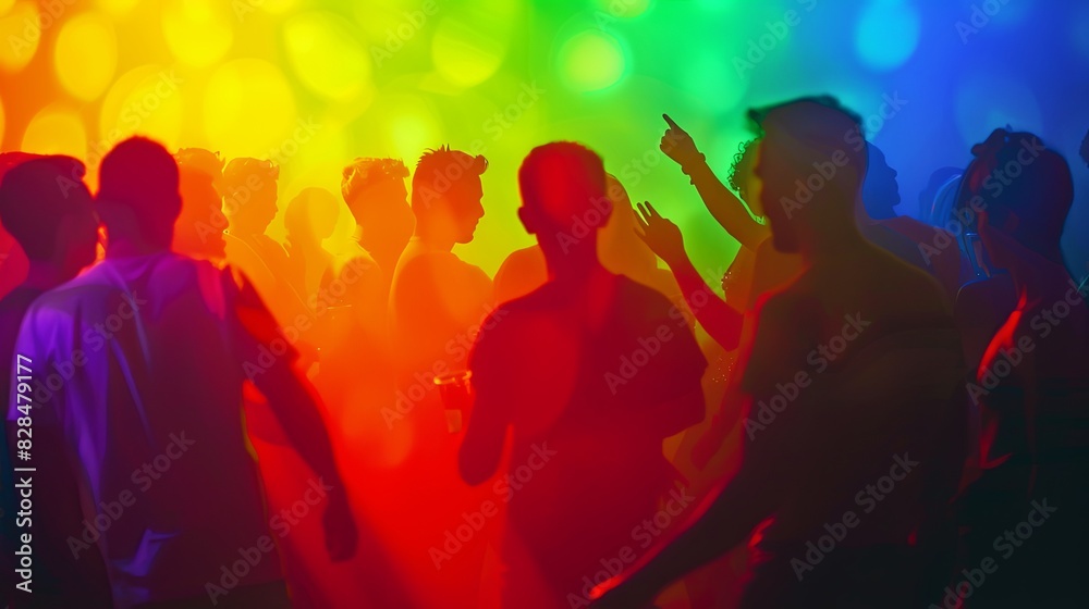 Glowing LGBTQ Summer Party: Double Exposure Silhouette of Dancing Crowd Amid Rainbow Decorations in Vibrant Hues - Close-Up View Glowing LGBTQ Summer Party: Double Exposure Silhouette of Dancing Crowd Amid Rainbow Decorations in Vibrant Hues - Close-Up View